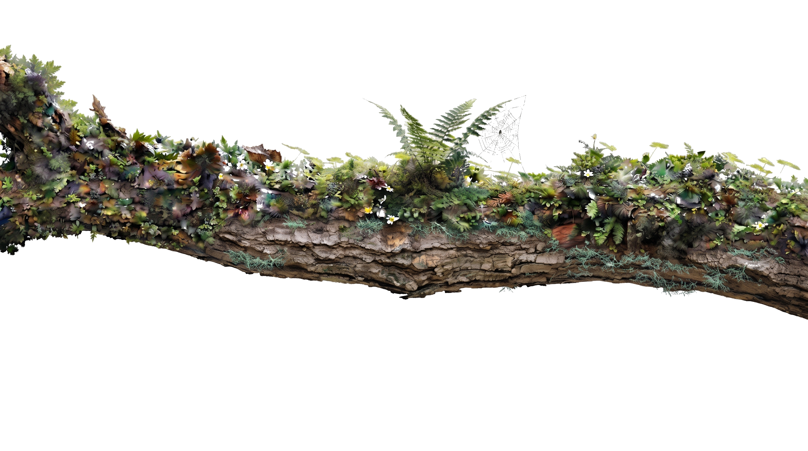 Lush blooming tree branch with vibrant leaves and Himalayan moss