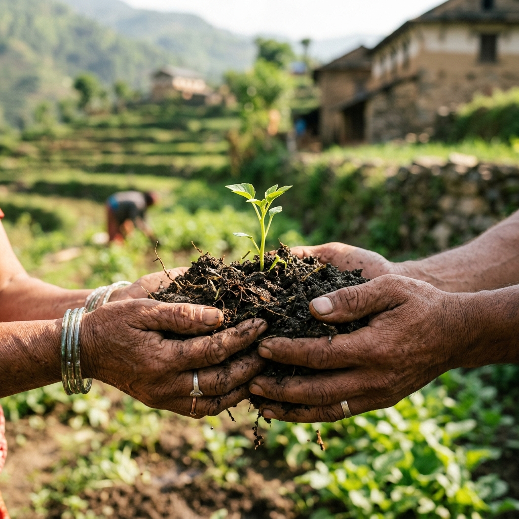 Farmer hands holding rich dark soil with thriving green seedling sprout